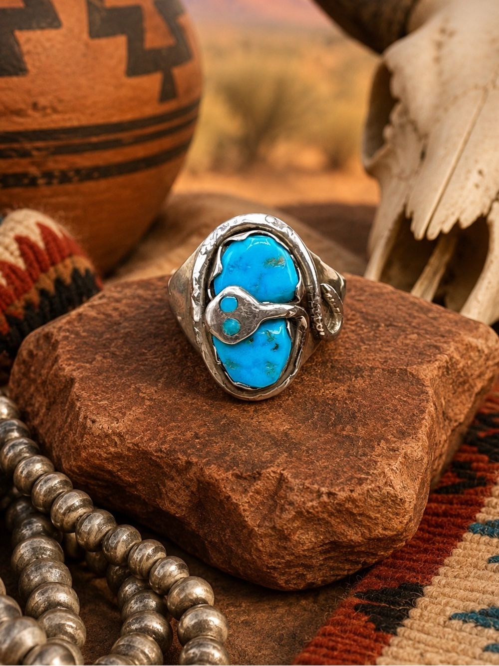 Effie Calavaza Zuni Sterling Silver Turquoise Snake Womens Mens Ring 9.75